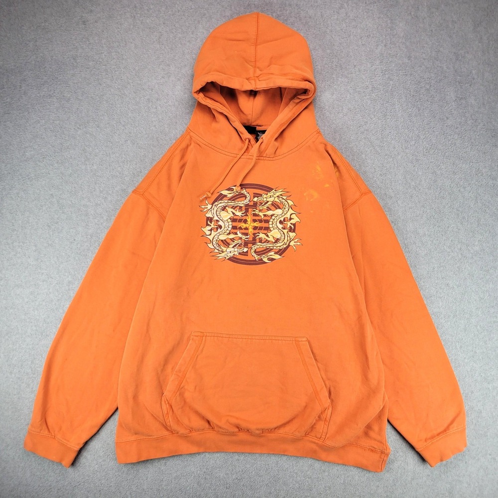Emergency Exit Dragon Graphic Hoodie Mens Large Orange Y2K Distressed Streetwear